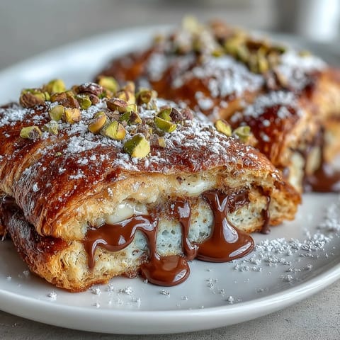 Luxurious Dubai Chocolate Pistachio Croissant French Toast, a sweet breakfast indulgence.