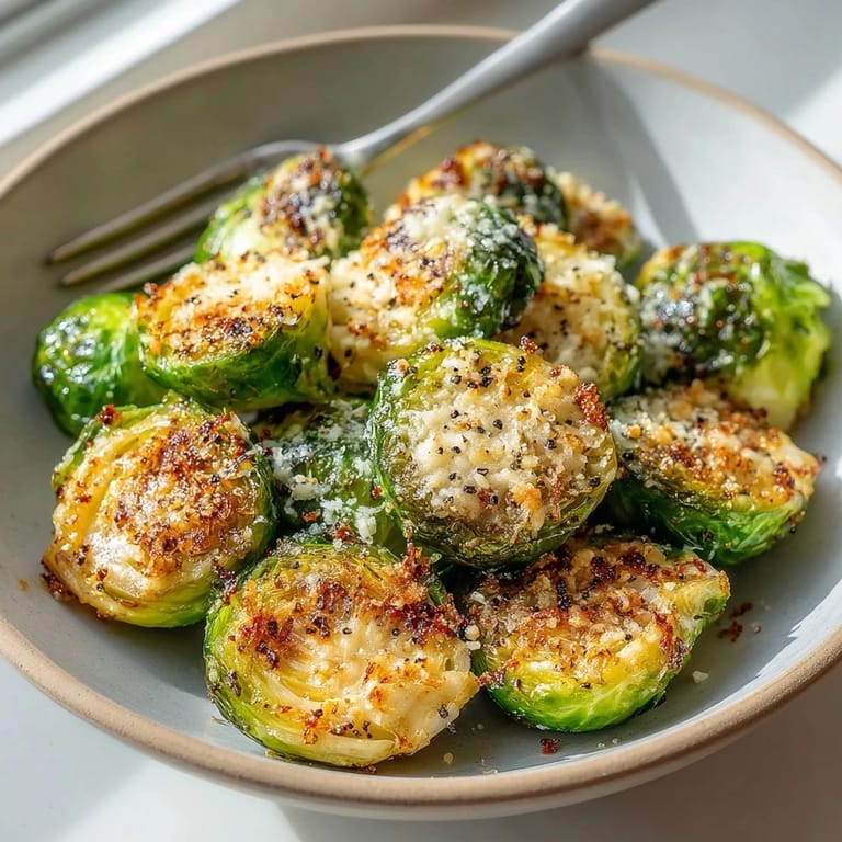 Making Crispy Parmesan Roasted Brussels Sprouts—see the cheesy crust, a delicious vegetable dish!