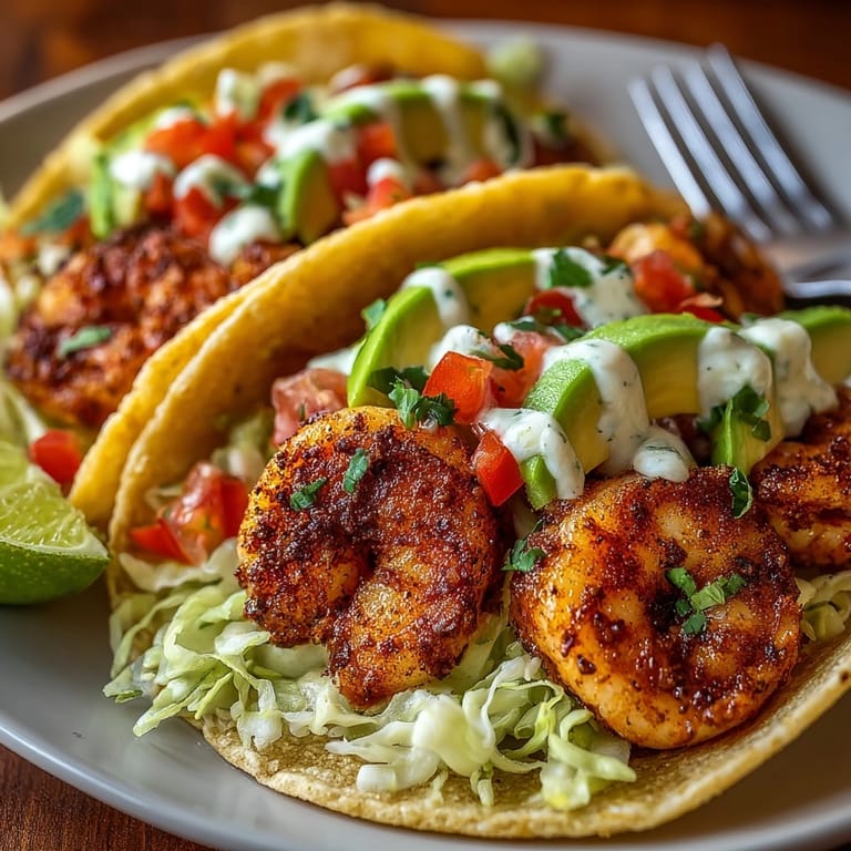 Golden, plump Spicy Cajun Shrimp Tacos with fresh toppings; serve with cool avocado crema.