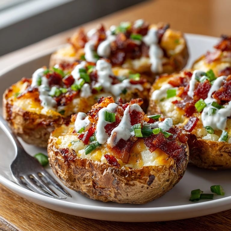 Homemade cheddar bacon ranch potato skins, topped with fresh herbs; creamy and savory.