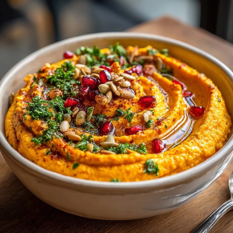Vibrant orange Spiced Sweet Potato Hummus, garnished with parsley, ready to be served as an appetizer.