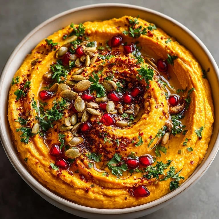 Homemade Spiced Sweet Potato Hummus recipe, shown with pita bread and fresh veggies for dipping.