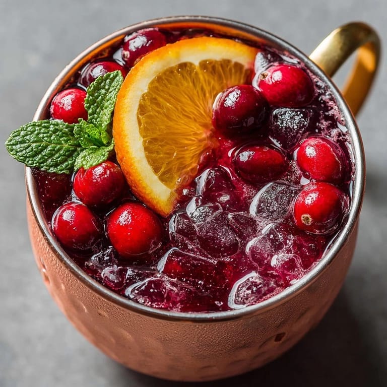 Non-alcoholic Cranberry Orange Moscow Mule Mocktail, ice-cold and tangy, perfect for celebrations.
