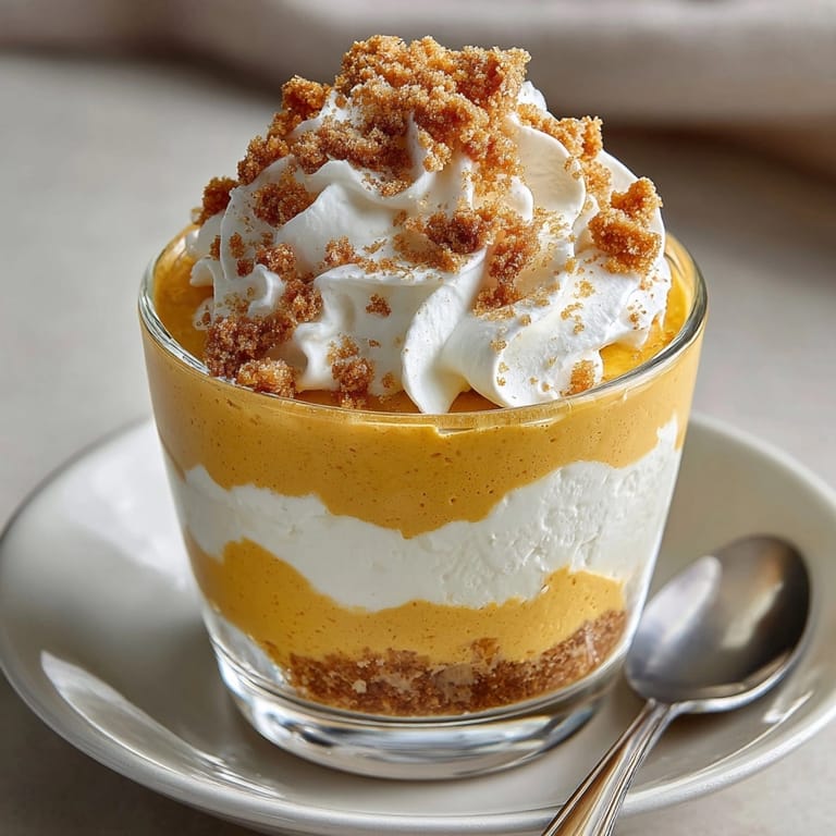 Golden, spiced Airy Pumpkin Mousse Cups layers gleaming; tempting fall dessert recipe image.