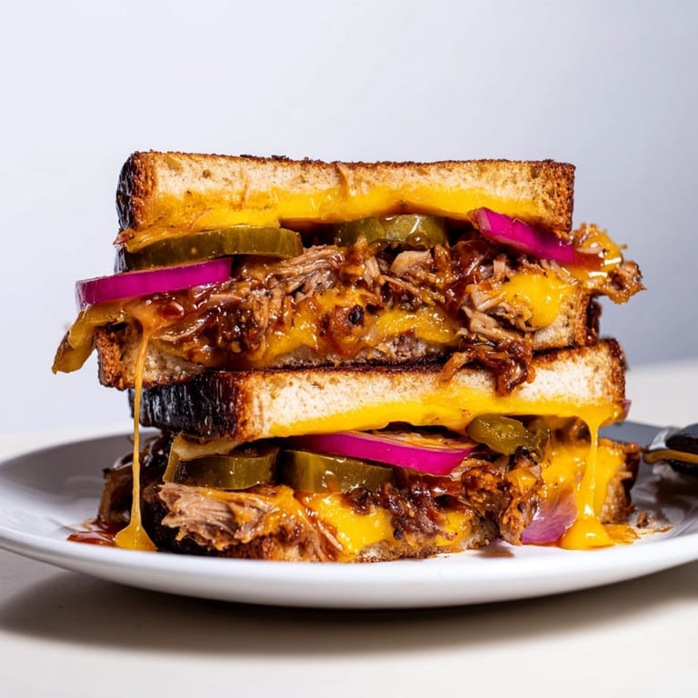 Stacked BBQ Pulled Pork Grilled Cheese: crisp bread, tangy sauce, and sharp cheddar.