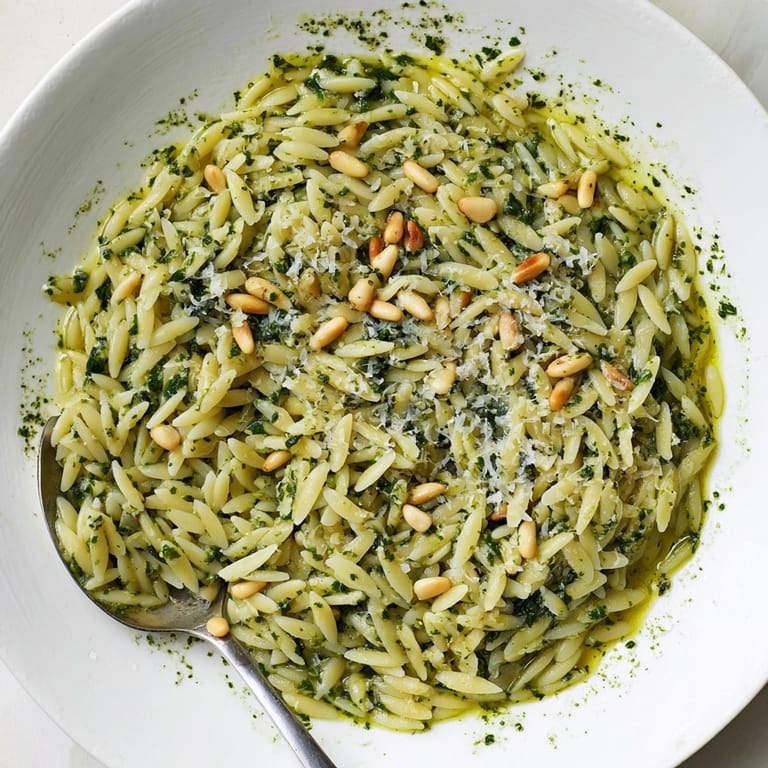 Delicious vegetarian Spinach Pesto Orzo recipe: a vibrant and flavorful pasta salad.