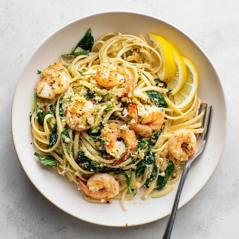A bowl of Shrimp Spinach Herb Pasta, showcasing the creamy white wine sauce.