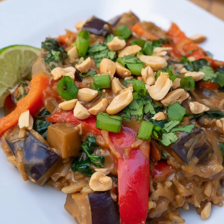 Creamy Thai Peanut Eggplant Rice Bake: View of colorful layers before baking.
