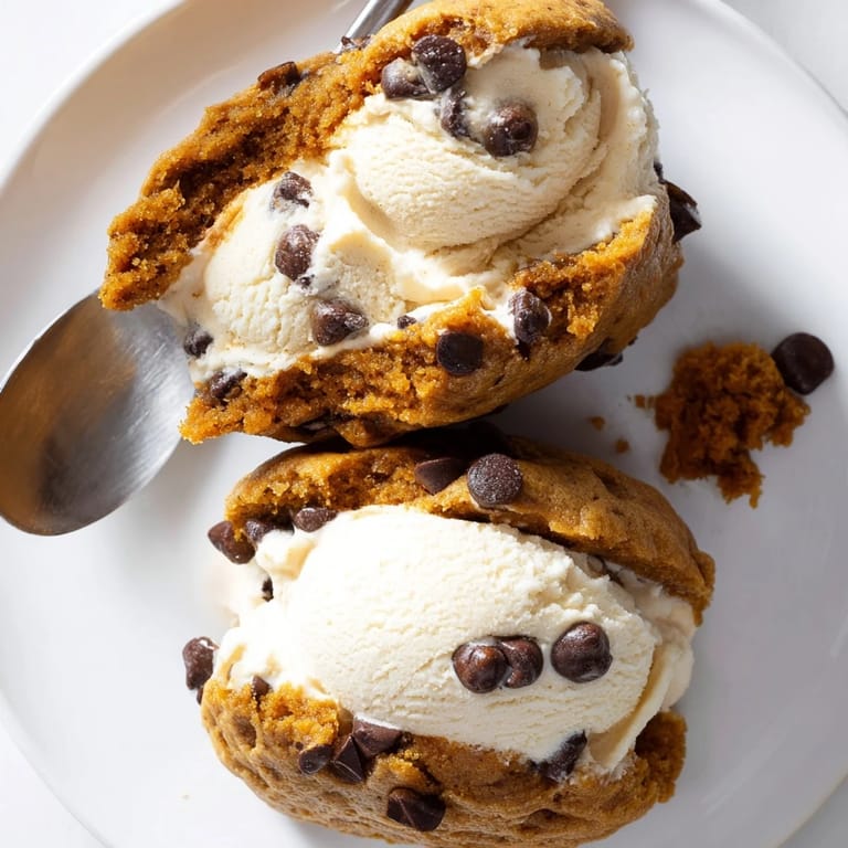 Indulge in pumpkin chocolate muffin ice cream sandwiches filled with creamy vanilla bliss.  