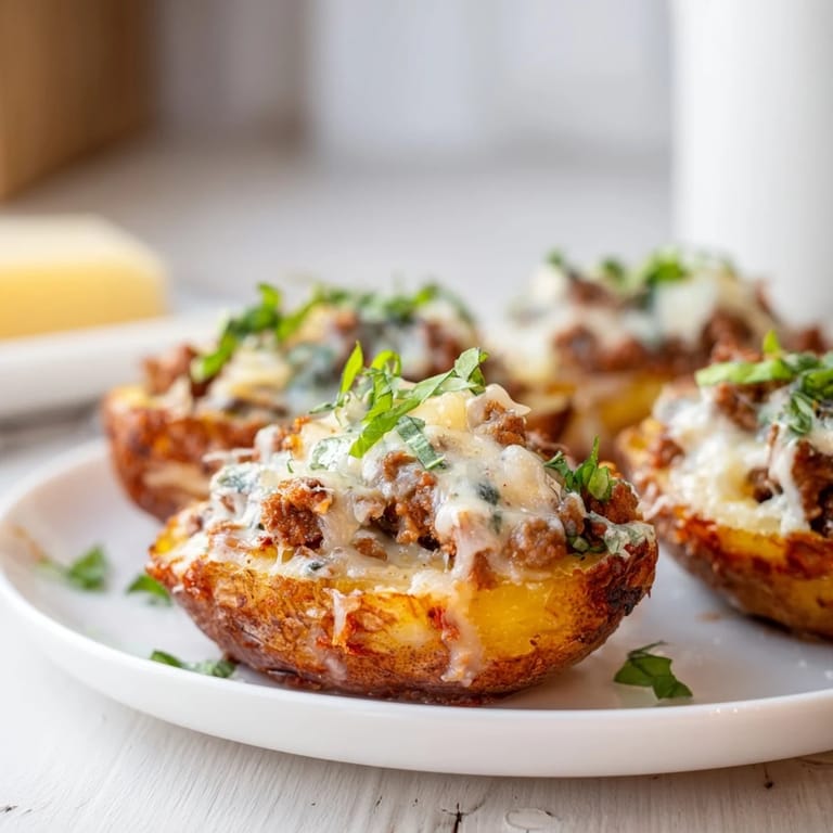 Savor the comforting lasagne soup-stuffed potato skins, topped with fresh herbs.  