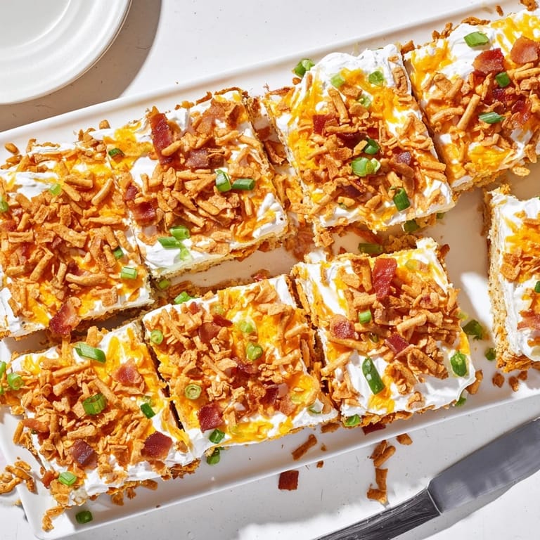 Savory Loaded Jalapeño Pretzel Sheet Cake garnished with crunchy pretzels and scallions.  