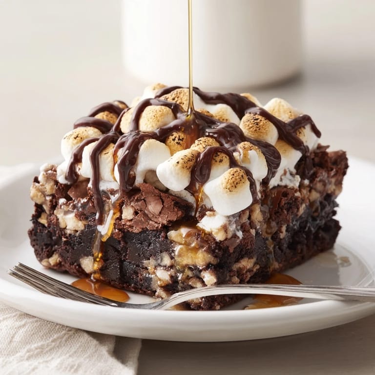 Indulge in fudgy S’mores Soda Float Brownies, garnished with toasted marshmallows and chocolate.  