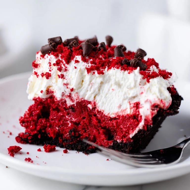 No-bake red velvet cookie dough pie with a chocolate crust and mini chocolate chips.  