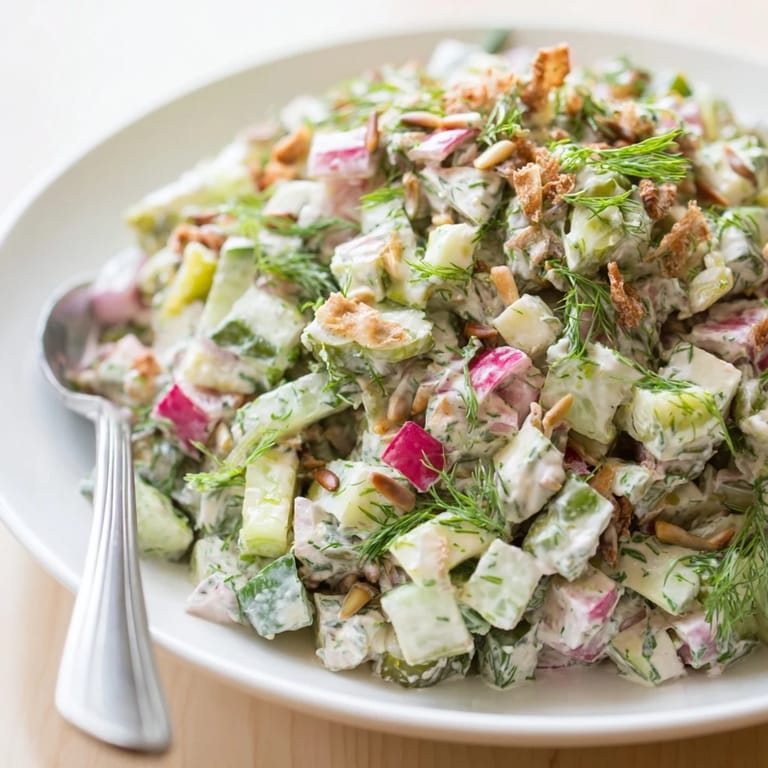 Refreshing Dill Pickle Chopped Salad Crunch served with a zesty dressing and fresh vegetables.  