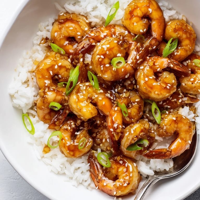 Quick-cooked honey garlic shrimp and rice bowl garnished with green onions and sesame seeds.  