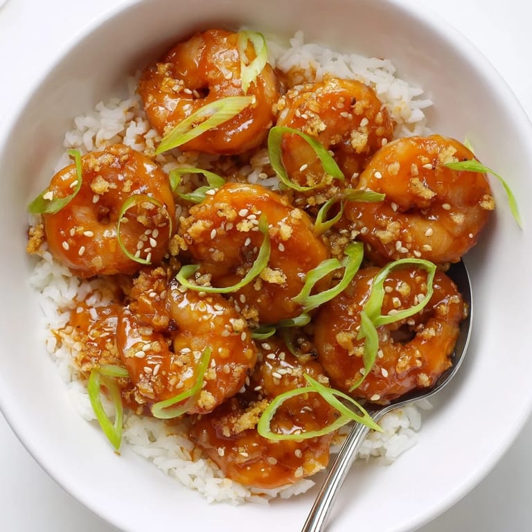 Delicious shrimp covered in honey garlic sauce, served warm over soft rice for dinner.