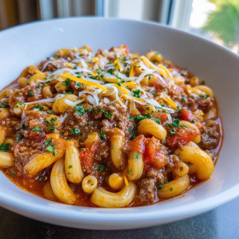 Comforting Grandma’s Goulash with ground beef and savory tomatoes, perfect for family meals.
