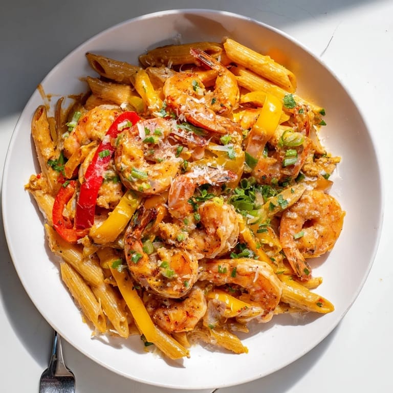 Savor the rich, creamy sauce in this vibrant Creamy Jamaican Shrimp Rasta Pasta dish.  