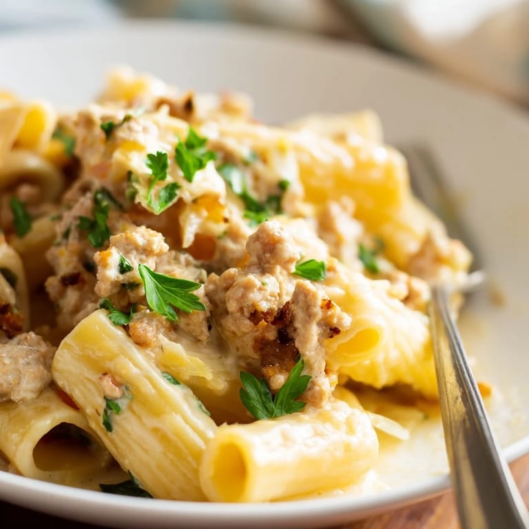 Delicious cheesy ground turkey pasta in a velvety sauce, perfect for weeknight meals.