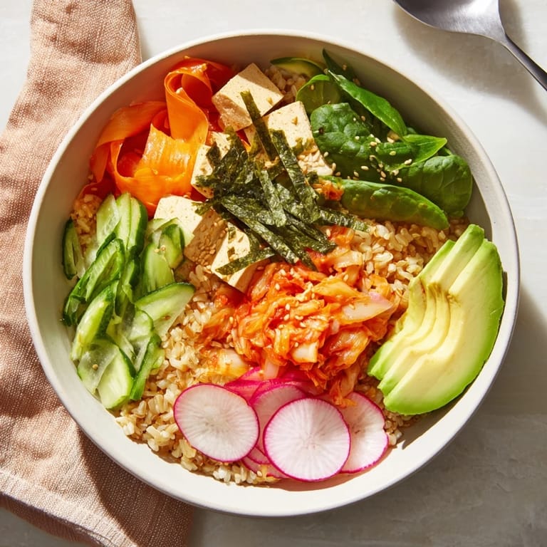 Delicious fermented vegetable bowl featuring avocado, hearty grains, and colorful veggies.  