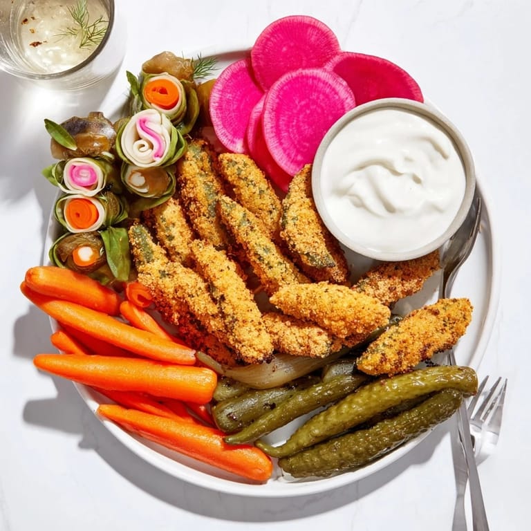 Tangy pickle lovers meal featuring crunchy fried pickles and cheesy bites.  