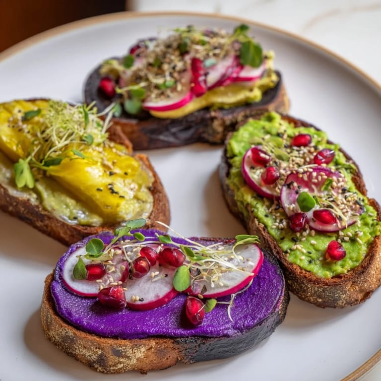 Colorful breakfast toasts featuring creamy ube spread and sliced radishes for added crunch.