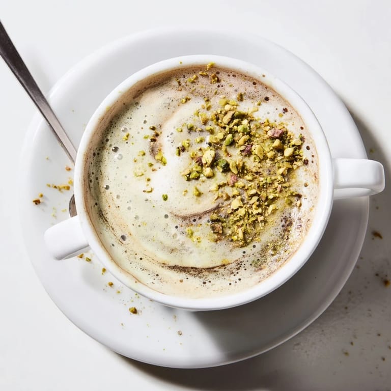 Nutty pistachio milk latte garnished with frothy milk and colorful crushed pistachios.
