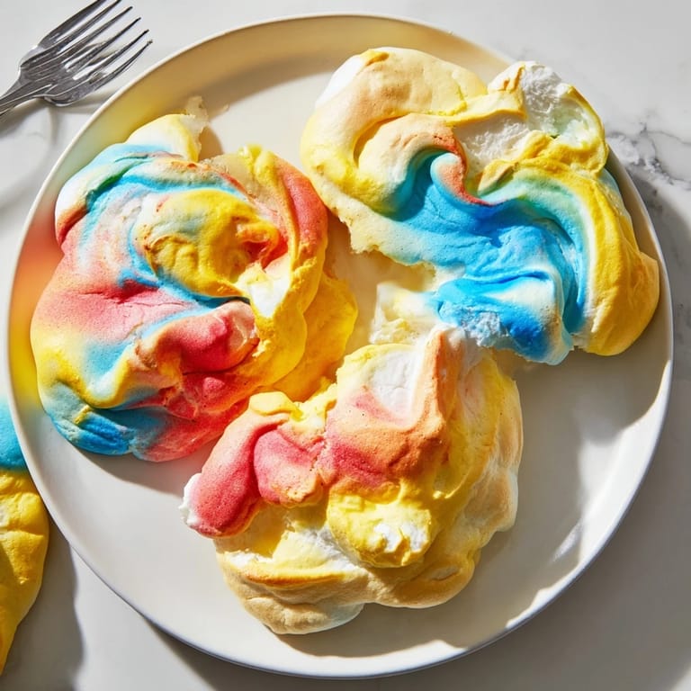 Whipped airy Cloud Bread, featuring a colorful rainbow swirls for festive gatherings.