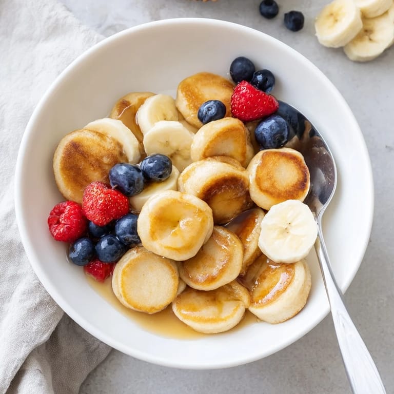 Adorable bite-sized pancakes, crispy outside and fluffy inside, perfect in milk.  
