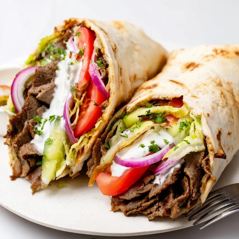 Delicious beef shawarma wrapped in flatbread, fresh veggies, and zesty yogurt goodness.  