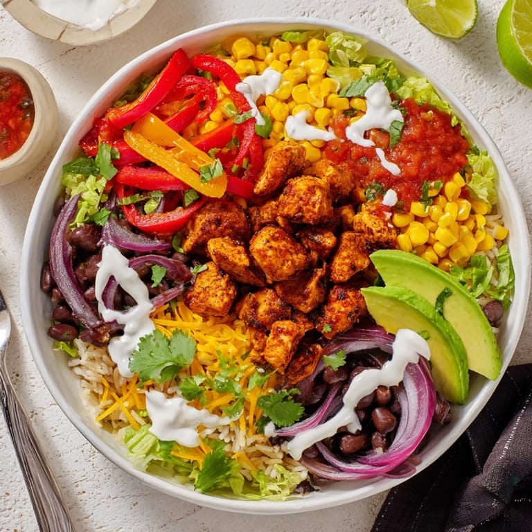 Colorful Sheet Pan Chicken Burrito Bowls served with lime wedges and tortilla chips.