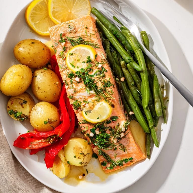 Healthy Lemon Herb Salmon & Potato Sheet Pan, served with vibrant seasonal vegetables and lemon wedges.