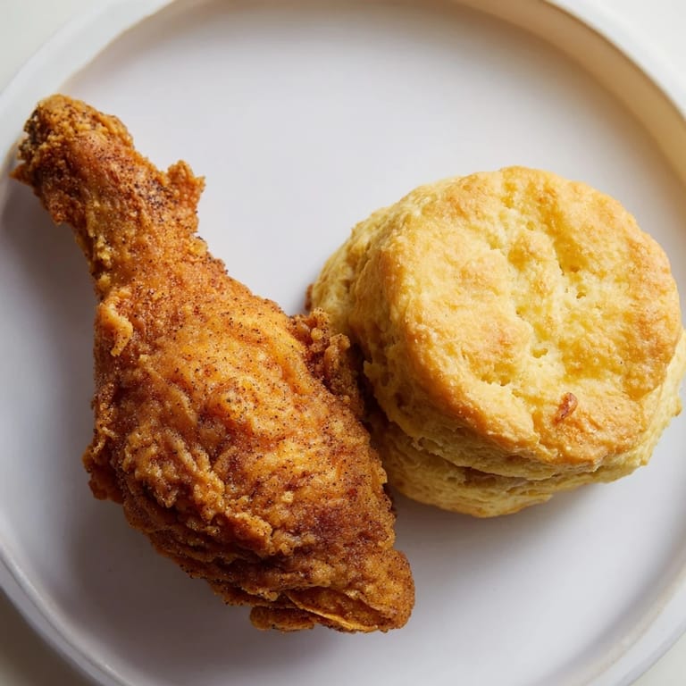 Crispy Southern Fried Chicken is piled alongside fresh buttermilk biscuits, offering a satisfying, hearty plate.