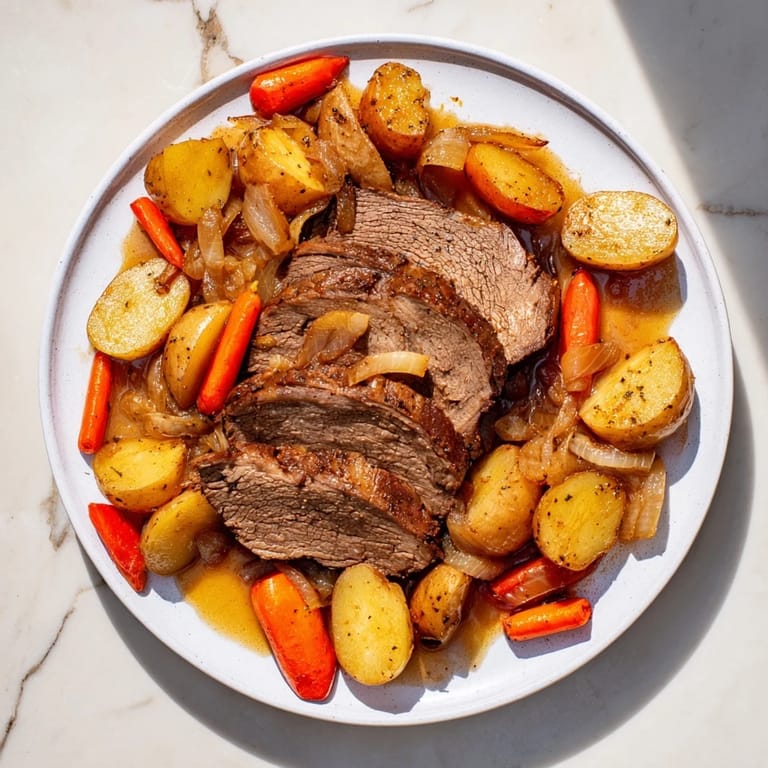 Tender Sunday Pot Roast, perfectly browned, sits alongside golden roasted potatoes and carrots.