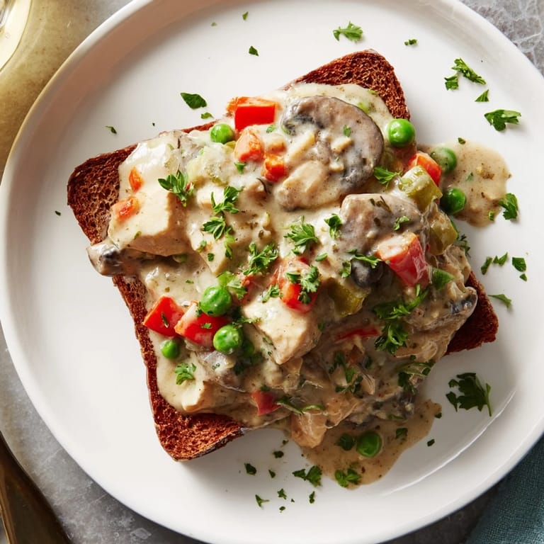 Chicken à la king with tender chicken and veggies in a rich sauce, spooned over toasted slices.