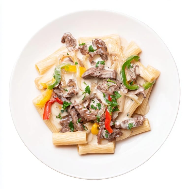 This comforting Philly Cheese Steak Pasta combines tender steak, vegetables, and cheesy pasta in one dish.