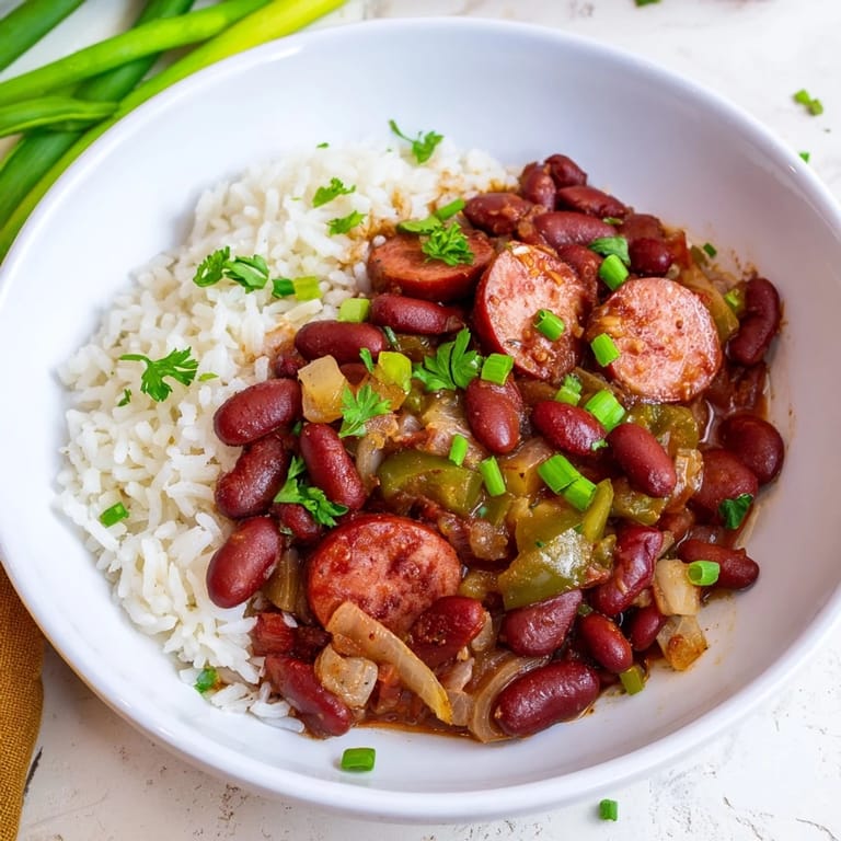 A close-up of hearty Red Beans & Rice, showcasing tender beans and savory sausage with fluffy white rice.