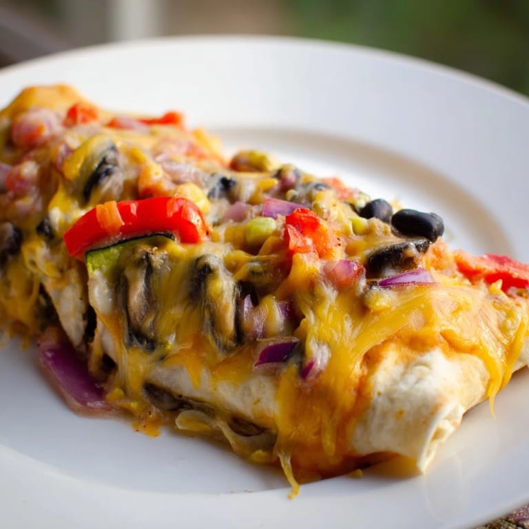 A close-up of delicious Farmers Market Vegetarian Enchiladas, ready for serving with fresh cilantro and a lime wedge.