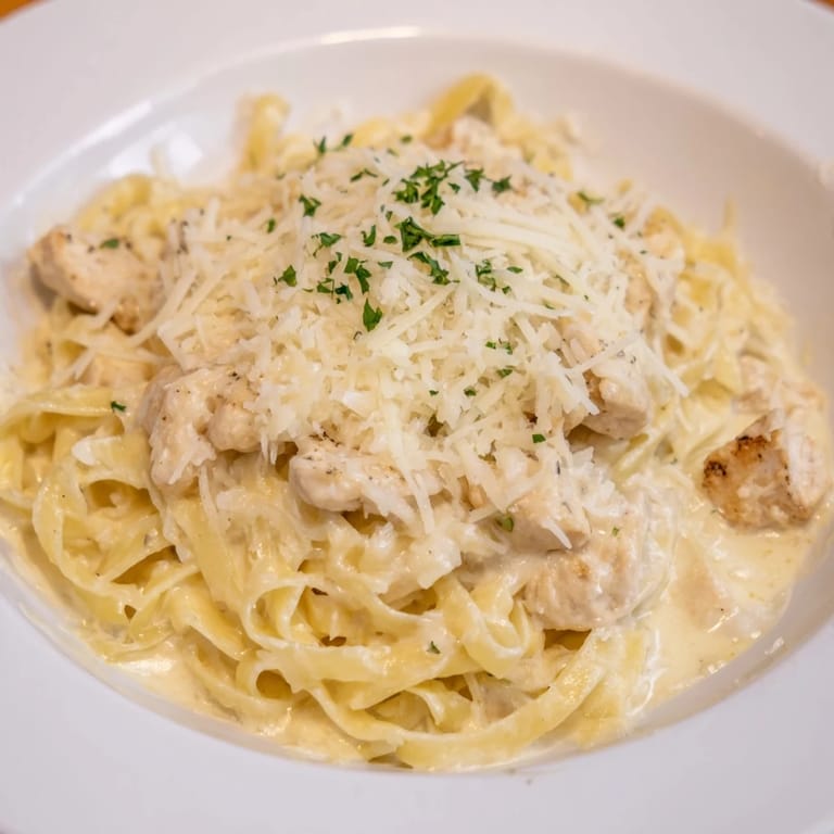 A close-up of a Chicken Fettuccine Alfredo Bake, showing a baked casserole with melted cheese on top.