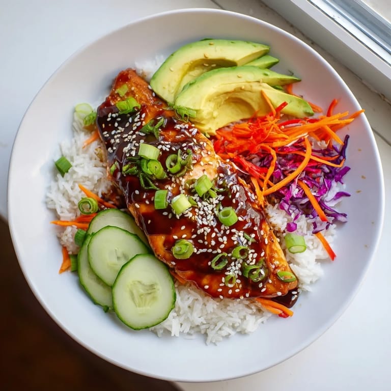 Enjoy this Sweet Chili Salmon Rice Bowl, featuring tender, glazed salmon and colorful, fresh toppings bursting with flavor.