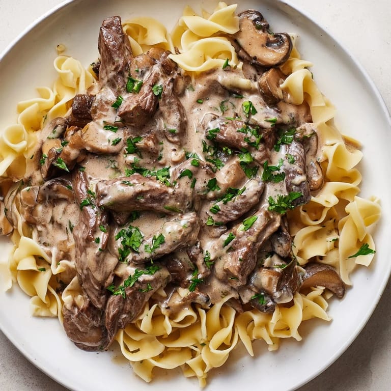 A visually appealing photo of a comforting plate of Creamy Mushroom Beef Stroganoff, served over egg noodles.