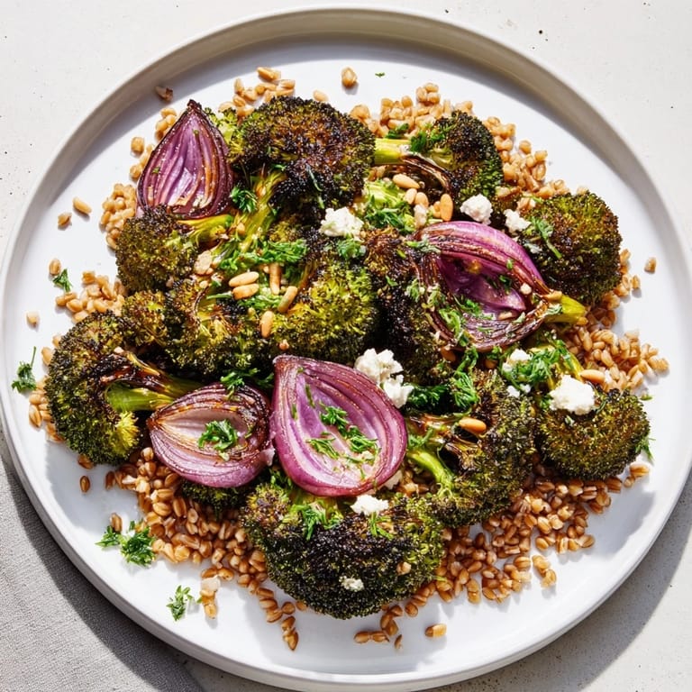 Warm roasted broccoli with a vibrant lemon-garlic dressing, highlighting the farro base.