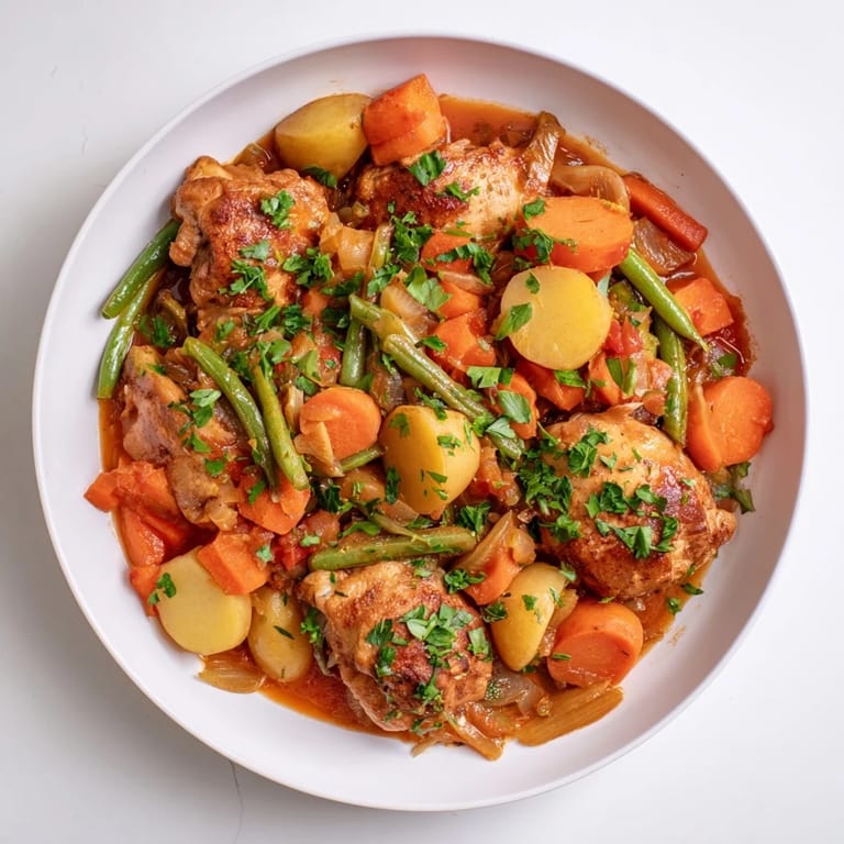 Hearty slow-cooker chicken & vegetable stew, brimming with tender chunks of chicken and vibrant, colorful vegetables.
