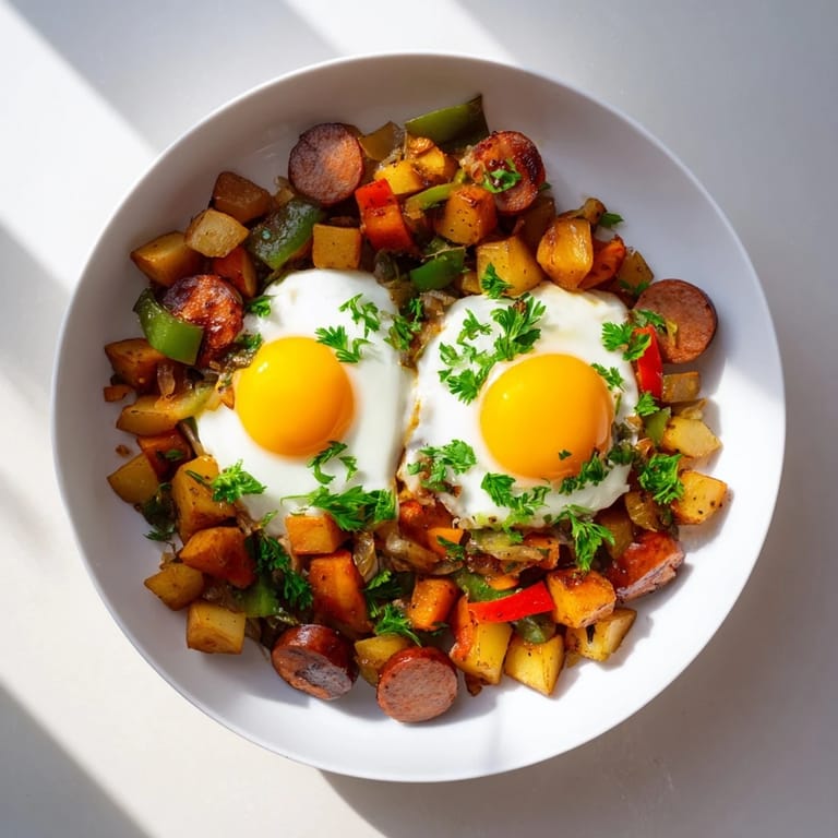 Hearty Egg & Potato Hash breakfast featuring golden potatoes, hot dogs, and runny egg yolks.