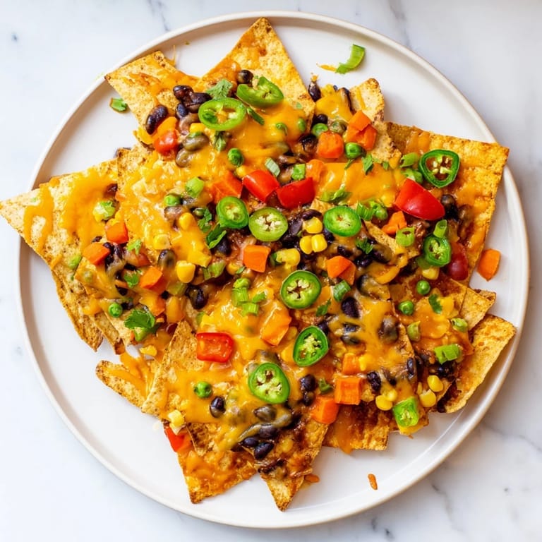 A close-up of cheesy sheet-pan nachos with black beans, perfect for a quick Tex-Mex dinner.