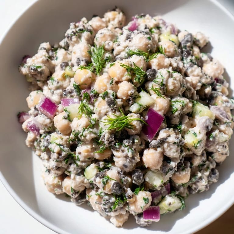 Enjoy this flavorful, plant-based chickpea tuna salad featuring creamy dressing with a hint of lemon.