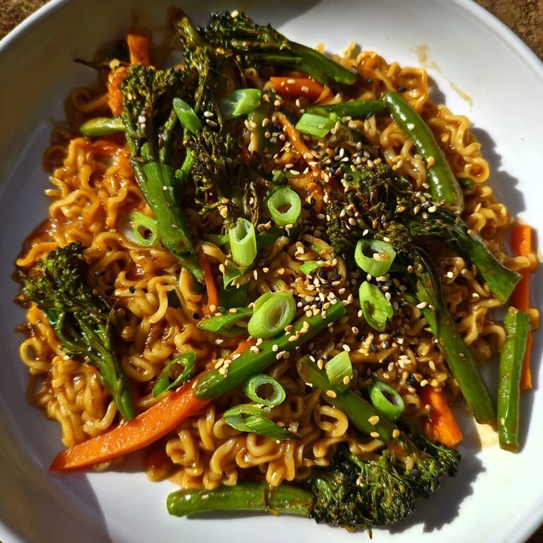 Close-up of a delicious Ramen Noodle Stir-Fry Remix, ready to eat, garnished with sesame seeds and green onions.