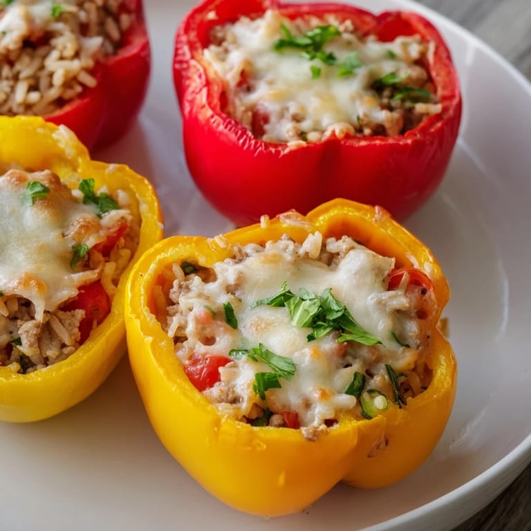 Steaming stuffed peppers featuring turkey and rice, ready to eat alongside a fresh salad.