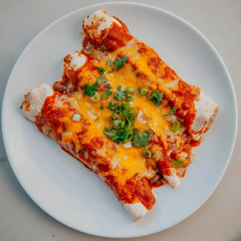 Close-up of baked Cheesy Bean Enchiladas; melted cheese oozes from tortillas in a savory Mexican dinner.