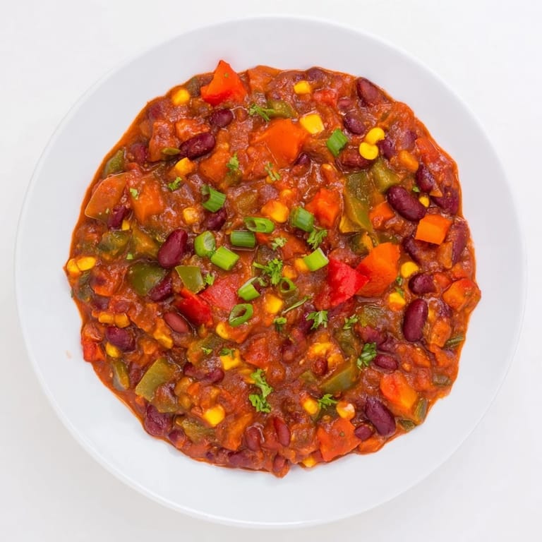 A satisfying, rich vegetarian veggie chili with beans, corn, and tomatoes simmering gently.
